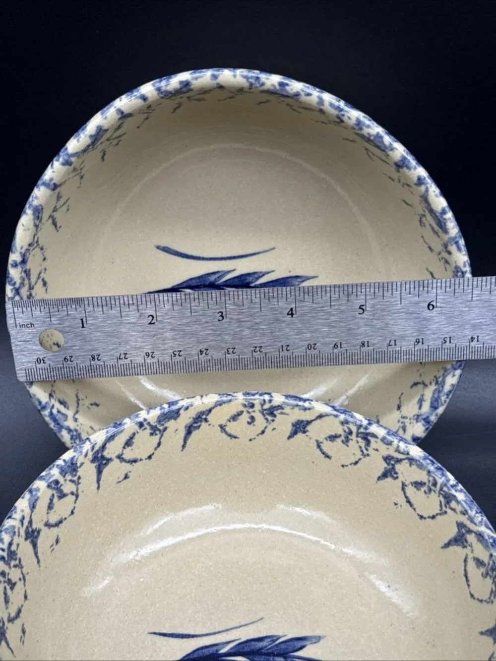 VTG RRP Roseville Ohio Blue Wheat Spongeware Salad Bowl Set 2 Farm Cottage 2.5oz
